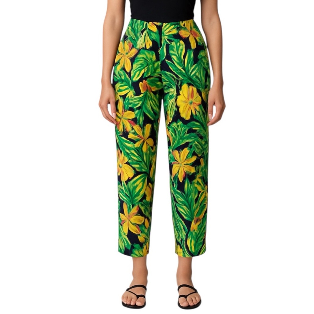 Nicole Miller Green Yellow Black 100% Linen Cropped Wide Leg Pants Tropical XS